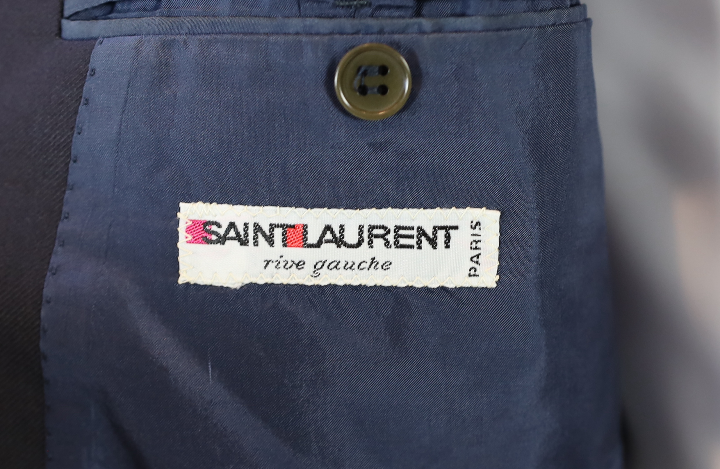 A Saint Laurent rive gauche gentlemen's navy blue double breasted blazer, approx size 42